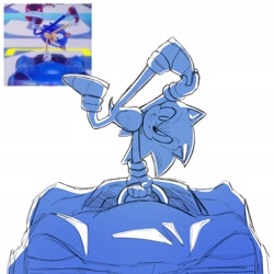 Size: 2048x2048 | Tagged: safe, artist:nounaarts, sonic the hedgehog, 2025, handstand, looking at viewer, monochrome, redraw, reference inset, simple background, smile, solo, white background