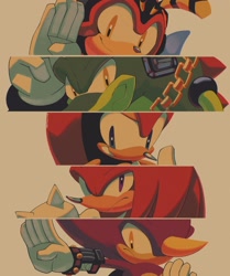 Size: 1713x2048 | Tagged: safe, artist:chaoslose, espio the chameleon, knuckles the echidna, mighty the armadillo, vector the crocodile, knuckles chaotix, 2025, beige background, character name, frown, group, looking at viewer, looking offscreen, simple background, smile