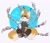 Size: 1600x1371 | Tagged: safe, artist:s3nju28, miles "tails" prower, nine, sonic prime, 2024, abstract background, dialogue, ear fluff, english text, eyeshadow, food, holding something, legs crossed, lidded eyes, looking offscreen, mouth open, shrunken pupils, sitting, solo, sonic ice cream