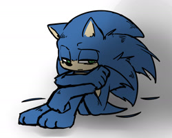 Size: 1735x1389 | Tagged: safe, artist:omoteaoi, sonic the hedgehog, 2025, barefoot, frown, lidded eyes, looking down, looking offscreen, messy hair, shadow (lighting), simple background, sitting, solo, white background