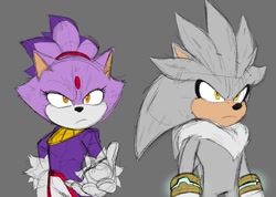 Size: 1285x914 | Tagged: safe, artist:ethan_glio3, artist:justin61894350, blaze the cat, silver the hedgehog, 2025, duo, frown, grey background, looking offscreen, movie style, simple background, sketch, standing