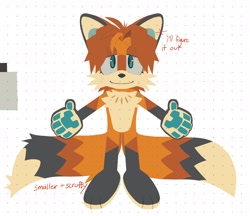 Size: 2048x1770 | Tagged: safe, artist:foxgorepng, miles "tails" prower, 2025, alternate universe, barefoot, english text, eyelashes, lidded eyes, looking at viewer, pawpads, paws, smile, solo, standing, t-pose