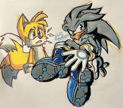 Size: 2048x1790 | Tagged: safe, artist:poke_faz, miles "tails" prower, silver the hedgehog, 2025, duo, lightning bolt, looking at them, looking at viewer, mouth open, signature, smile, traditional media