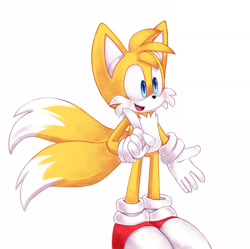 Size: 1280x1273 | Tagged: safe, artist:modistcollector, miles "tails" prower, 2021, blushing, looking offscreen, mouth open, pointing, simple background, smile, solo, standing, white background