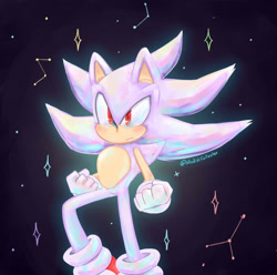 Size: 1280x1271 | Tagged: safe, artist:modistcollector, sonic the hedgehog, 2021, blushing, clenched fists, constellation, flying, frown, hyper form, hyper sonic, looking offscreen, mid-air, signature, solo, sparkles