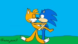 Size: 1920x1080 | Tagged: safe, artist:ninejeon1, miles "tails" prower, sonic the hedgehog, 2025, abstract background, carrying them, daytime, duo, eyes closed, flat colors, gay, holding each other, looking at them, outdoors, shipping, signature, smile, sonic x tails, standing