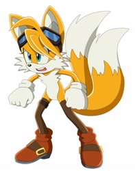 Size: 1615x2048 | Tagged: safe, artist:montyth, miles "tails" prower, 2024, angry, boots, clenched fists, gender swap, goggles, looking offscreen, mouth open, simple background, sonic x style, stockings, white background