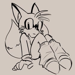 Size: 2048x2048 | Tagged: safe, artist:7ilesprower, miles "tails" prower, 2025, frown, grey background, leg warmers, line art, looking at viewer, monochrome, simple background, sitting, solo