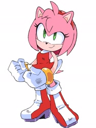 Size: 1536x2048 | Tagged: safe, artist:randomguy9991, amy rose, 2025, clenched fists, colored version, looking offscreen, simple background, smile, solo, standing, white background