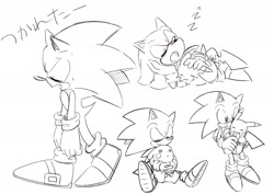 Size: 2048x1448 | Tagged: safe, artist:giatensi_11194, sonic the hedgehog, 2025, crossover, duo, eyes closed, frown, holding them, japanese text, line art, monochrome, mouth open, pikachu, pokemon, simple background, sleeping, smile, standing, sweatdrop, walking, white background, zzz