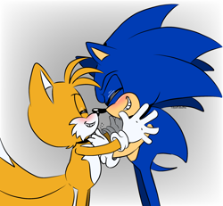 Size: 2048x1894 | Tagged: safe, artist:triplettailedfox, miles "tails" prower, sonic the hedgehog, 2025, blushing, clenched teeth, duo, eyes closed, finger under chin, gay, gradient background, mobius.social exclusive, shipping, signature, smile, sonic x tails, sparkle, standing