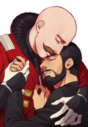 Size: 1420x2048 | Tagged: safe, artist:reytenstiel, agent stone, robotnik, human, 2025, clenched teeth, crying, duo, eyes closed, frown, gay, holding each other, hugging, robotnik x stone, simple background, tears, tears of sadness, white background