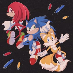 Size: 2048x2048 | Tagged: safe, artist:lkunayo, knuckles the echidna, miles "tails" prower, sonic the hedgehog, sonic the hedgehog 2 (2022), 2025, abstract background, arms out, clenched fists, frown, looking at viewer, pointing, signature, smile, team sonic, trio