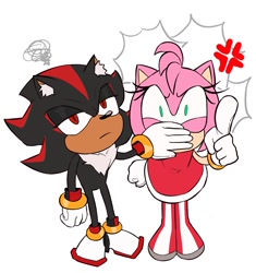 Size: 1005x1070 | Tagged: safe, artist:kaitlinzz0ne, amy rose, shadow the hedgehog, 2025, angry, covering another's mouth, cross popping vein, duo, ear fluff, flat colors, frown, lidded eyes, looking at viewer, pointing, shrunken pupils, simple background, standing, white background