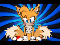 Size: 2048x1536 | Tagged: safe, artist:team_cha0tix, miles "tails" prower, 2024, abstract background, alternate version, blushing, clenched teeth, cute, frown, kneeling, lidded eyes, looking down, solo, tailabetes