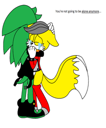 Size: 4552x5488 | Tagged: safe, artist:askscouriles, miles (anti-mobius), scourge the hedgehog, 2015, crying, dialogue, duo, english text, eyes closed, flat colors, gay, hugging, ms paint, scouriles, shipping, simple background, standing, tears, tears of sadness, white background