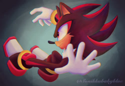 Size: 1284x889 | Tagged: safe, artist:sonikku32, shadow the hedgehog, sonic prime s2, 2023, cheek fluff, frown, gradient background, lineless, looking offscreen, mid-air, signature, solo