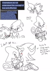 Size: 1446x2048 | Tagged: safe, artist:aridombo, espio the chameleon, shadow the hedgehog, 2025, blushing, book, dialogue, duo, english text, gay, holding something, holding them, kneeling, line art, love, monochrome, purring, reading, reference inset, sfx, shadpio, shipping, simple background, sitting, sniffing, white background