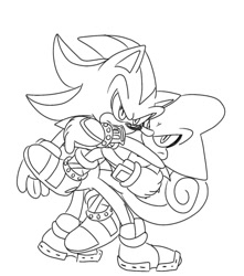 Size: 1080x1220 | Tagged: safe, artist:aridombo, espio the chameleon, shadow the hedgehog, 2025, duo, frown, gay, holding each other, line art, looking at viewer, looking offscreen, monochrome, shadpio, shipping, simple background, standing, white background