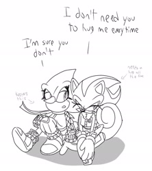 Size: 1691x1902 | Tagged: safe, artist:aridombo, espio the chameleon, shadow the hedgehog, 2025, clothes, dialogue, duo, english text, eyelashes, gender swap, lesbian, lidded eyes, line art, looking at them, looking away, looking offscreen, monochrome, mouth open, r63 shipping, shadow (lighting), shadpio, shipping, sitting