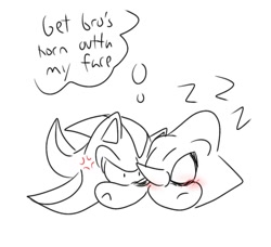 Size: 1112x1016 | Tagged: safe, artist:aridombo, espio the chameleon, shadow the hedgehog, 2025, blushing, crossover shipping, duo, english text, eyes closed, frown, gay, head only, line art, looking at them, monochrome, shadpio, shipping, simple background, sleeping, thought bubble, white background, zzz