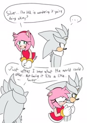 Size: 1446x2048 | Tagged: safe, artist:aridombo, amy rose, silver the hedgehog, ..., 2025, dialogue, duo, english text, eyes closed, flat colors, frown, hands together, hugging, hugging from behind, looking at them, looking down, looking offscreen, shipping, silvamy, simple background, speech bubble, standing, straight, white background