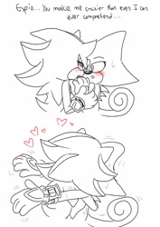 Size: 1446x2048 | Tagged: safe, artist:aridombo, espio the chameleon, shadow the hedgehog, 2025, blushing, dialogue, duo, english text, gay, heart, holding them, kiss, lidded eyes, line art, looking at each other, monochrome, shadpio, shipping, simple background, standing, surprise kiss, surprised, sweatdrop, white background