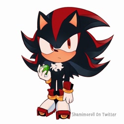 Size: 2000x2000 | Tagged: safe, artist:shamimoroll, shadow the hedgehog, 2025, blushing, chaos emerald, chibi, cute, frown, holding something, looking offscreen, shadowbetes, signature, simple background, solo, standing, white background