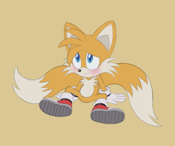 Size: 1261x1049 | Tagged: safe, artist:itoruna-the-platypus, miles "tails" prower, 2025, alternate version, blushing, cute, looking offscreen, simple background, sitting, smile, solo, yellow background