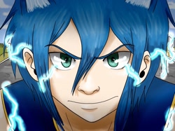 Size: 1280x959 | Tagged: safe, artist:arminismyshota, sonic the hedgehog, human, sonic the hedgehog (2020), 2019, abstract background, ear piercing, earring, electricity, eyebrow clipping through hair, grass, hedgehog ears, humanized, looking at viewer, partially humanized, redraw, road, smile, solo