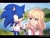 Size: 1665x1263 | Tagged: safe, artist:isa_illustrate, sonic the hedgehog, hedgehog, human, sonic x, border, cute, daytime, disabled, duo, eye clipping through hair, eyebrow clipping through hair, female, grass, helen, holding something, lake, looking at each other, male, mouth open, outdoors, redraw, signature, smile, standing, water, wheelchair, wholesome