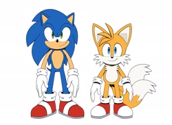 Size: 2048x1488 | Tagged: safe, artist:thatbirdguy_, miles "tails" prower, sonic the hedgehog, 2025, duo, flat colors, front view, looking at viewer, simple background, smile, standing, white background