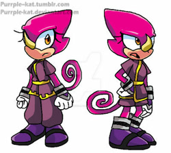 Size: 400x356 | Tagged: safe, artist:purrple-kat, espio the chameleon, clothes, deviantart watermark, eyelashes, frown, gender swap, looking at viewer, looking offscreen, mouth open, simple background, solo, standing, watermark, white background