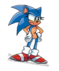 Size: 400x477 | Tagged: safe, artist:purrple-kat, sonic the hedgehog, deviantart watermark, eyelashes, frown, gender swap, hands on hips, signature, simple background, solo, sonic is not amused, standing, transparent background, watermark