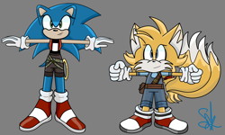 Size: 7500x4500 | Tagged: safe, artist:soap-rain, miles "tails" prower, sonic the hedgehog, 2022, belt, boots, clothes, duo, ear fluff, eyelashes, gender swap, grey background, overalls, ring, shorts, signature, simple background, sleeveless jacket, sleeveless shirt, smile, standing, t-pose