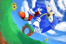 Size: 2048x1385 | Tagged: safe, artist:vettelemdam, sonic the hedgehog, green hill zone, 2023, birthday, clouds, daytime, flower, grass, lineless, looking at viewer, loop, mid-air, mouth open, outdoors, smile, solo, sunflower