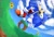 Size: 2048x1385 | Tagged: safe, artist:vettelemdam, sonic the hedgehog, hedgehog, green hill zone, 2023, birthday, clouds, daytime, flower, grass, lineless, looking at viewer, loop, male, mid-air, mouth open, outdoors, smile, solo, sunflower