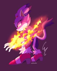 Size: 1600x2000 | Tagged: safe, artist:vettelemdam, blaze the cat, 2023, bending over, fire, frown, looking at viewer, purple background, side view, signature, simple background, solo, standing