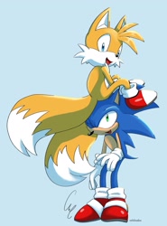 Size: 1517x2048 | Tagged: safe, artist:vettelemdam, miles "tails" prower, sonic the hedgehog, 2023, blue background, cute, duo, looking at them, looking at viewer, mouth open, on head, one eye closed, signature, simple background, smile, standing