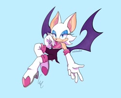 Size: 1200x976 | Tagged: safe, artist:vettelemdam, rouge the bat, 2023, alternate version, blue background, flying, heart nose, lidded eyes, looking at viewer, mid-air, signature, simple background, smile, solo, v sign