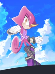 Size: 1330x1780 | Tagged: safe, artist:plzx3_e, espio the chameleon, 2025, abstract background, clouds, daytime, frown, looking at viewer, mario and sonic at the 2020 olympic games, outdoors, solo, standing on one leg, sweatdrop, tank top