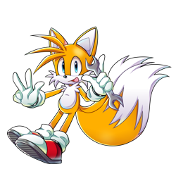 Size: 1000x1000 | Tagged: safe, artist:icyy-stxrlight, miles "tails" prower, 2024, holding something, looking at viewer, mouth open, pointing, simple background, smile, solo, standing, transparent background, v sign, wrench