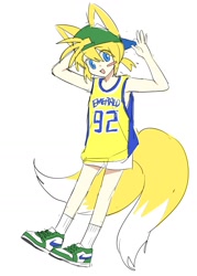 Size: 1080x1508 | Tagged: safe, artist:s2_lina_, miles "tails" prower, human, 2025, backwards cap, blushing, cap, cute, eye clipping through hair, flat colors, fox ears, fox tail, humanized, mouth open, partially humanized, shorts, simple background, smile, sneakers, solo, standing, tailabetes, tank top, white background