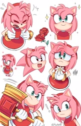 Size: 1080x1670 | Tagged: safe, artist:twixei0, amy rose, 2025, amybetes, blushing, classic amy, cute, exclamation mark, eyes closed, flower, holding something, looking at viewer, piko piko hammer, rose, signature, simple background, smile, solo, sparkles, standing, white background