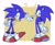 Size: 2048x1694 | Tagged: safe, artist:blueypp, sonic the hedgehog, 2025, abstract background, flat colors, hands on hips, looking at viewer, looking back, looking back at viewer, looking over shoulder, outline, question mark, signature, smile, smiling at viewer, solo, standing, watermark, white outline