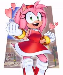 Size: 1715x2048 | Tagged: safe, artist:novazside, amy rose, 2025, abstract background, heart, looking at viewer, mouth open, signature, smile, solo, standing, station square