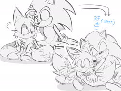 Size: 2048x1536 | Tagged: safe, artist:qcoded, miles "tails" prower, sonic the hedgehog, 2025, duo, english text, eyes closed, frown, hugging, japanese text, looking at each other, monochrome, mouth open, question mark, shadow (lighting), shrunken pupils, simple background, smile, surprise hug, white background