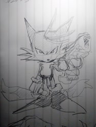 Size: 1536x2048 | Tagged: safe, artist:studioboner, miles "tails" prower, 2025, gun, holding something, line art, lined paper, looking offscreen, monochrome, sketch, solo, standing, traditional media