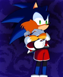 Size: 1664x2048 | Tagged: safe, artist:fredsters-world, miles "tails" prower, sonic the hedgehog, 2025, abstract background, alternate universe, carrying them, clothes, duo, looking offscreen, no mouth, standing