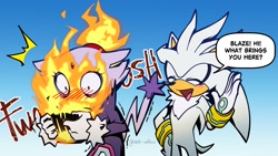 Size: 1600x900 | Tagged: safe, artist:milk_addicc, blaze the cat, silver the hedgehog, dialogue, duo, english text, fire, gradient background, sfx, speech bubble